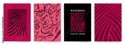 Design with illustration of tendrils and idea rows of vineyard. Vector for covers, invitations, flyers, banners, posters, wine events.