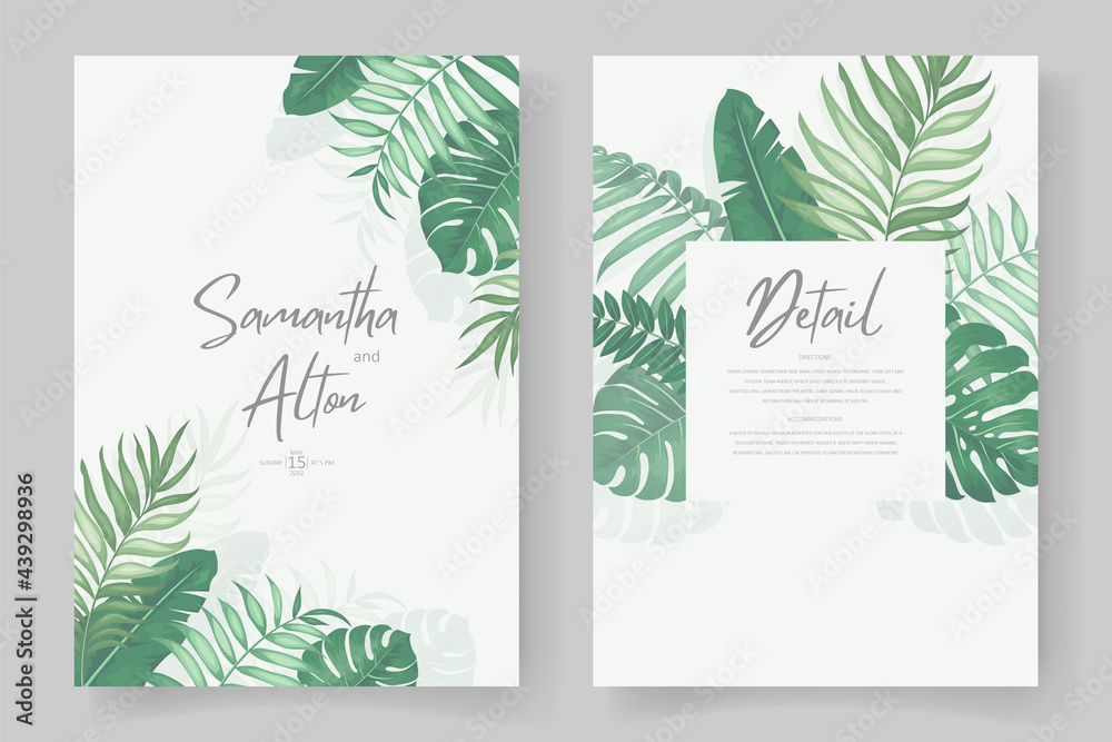 Fototapeta Wedding invitation design with tropical leaf theme
