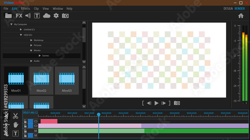 Video editor. Program interface. Overlay. Simulate the transparency of the viewport. Template. Mock up. Vector illustration.