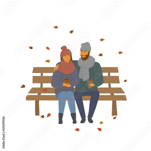 man and woman, couple on a date in the autumn  fall park sitting on a bench scene isolated vector illustration