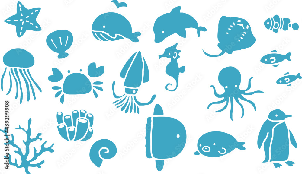 シンプルでかわいい海の生き物 水族館 夏 海洋生物 装飾イラストセット Stock Vector Adobe Stock