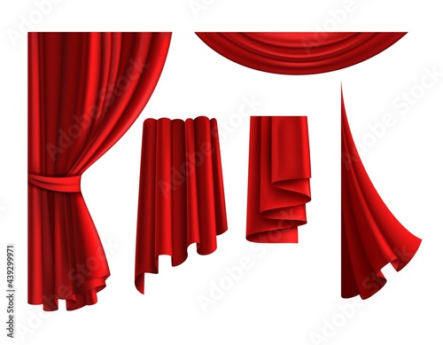 Red curtains. Realistic velvet drapery element. 3D classic scarlet textile cloth for windows and theatre stage. Luxury interior decor template. Vector isolated decorative fabric drapes set