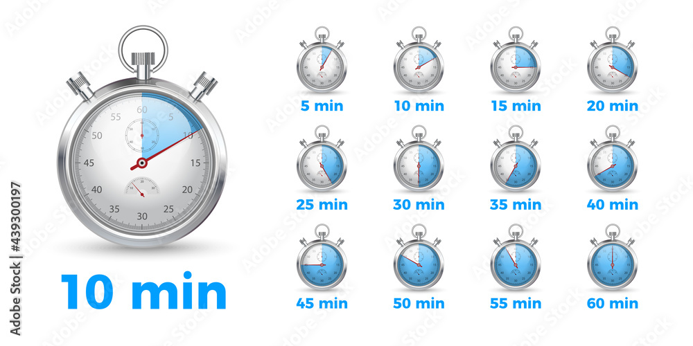 Stopwatch graphics set. Countdown with a different duration from 5 to 60 minutes. Cooking timer symbol, sports timer or treatment duration. Stock Vector | Adobe Stock