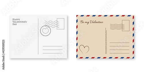 Valentines postcard. Romantic postage cards with stamps. White and beige paper back and front side, valentine day greeting and invitation letter correspondence cover template vector isolated set