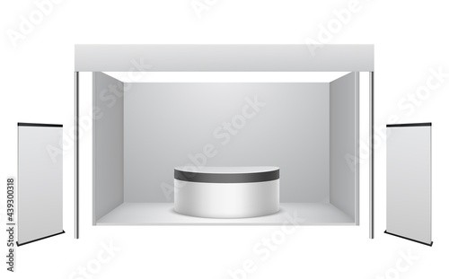 Exhibition booth. Realistic white stage podium for presentations. 3D blank gallery interior. Empty museum stand and banners with copy space. Vector round table for product promotion