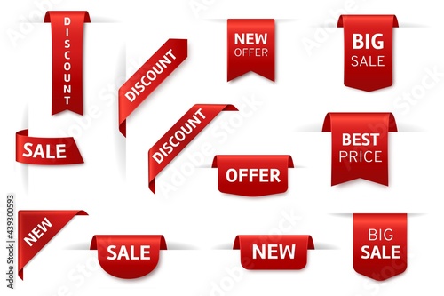 Red labels ribbon. Realistic stickers of new offer and best price. Big sale or discount silk scarlet promotional event banners. Bright bookmarks with lettering. Vector promo tags set