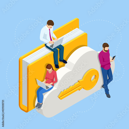 Isometric Cloud Technology. People Working From Office. Global Outsourcing, People Using Cloud System in Distant Work and Data Storage. Clouds connected documents.
