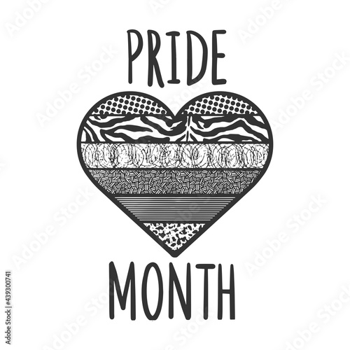 Pride month logo with black and white heart abstact flag. Pride symbol with heart, LGBT, sexual minorities, gays and lesbians vector illustration. T-shirt apparel print design. Black and white mage.