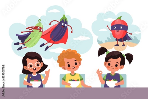 Kids fantasies. Cartoon children dreaming about superhero vegetables characters. Happy girls and boy sit at table and eat. People imagine adventures of fictional heroes. Vector daydreaming