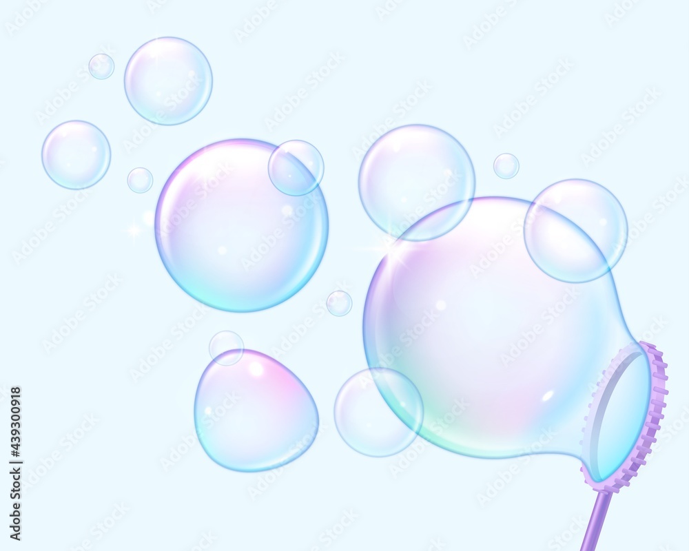 Soap bubbles blowing. Realistic flying rainbow reflective spheres and blow tool. Transparent 3D air balls from foam. Iridescent soaring circles with color gradient. Vector kids game
