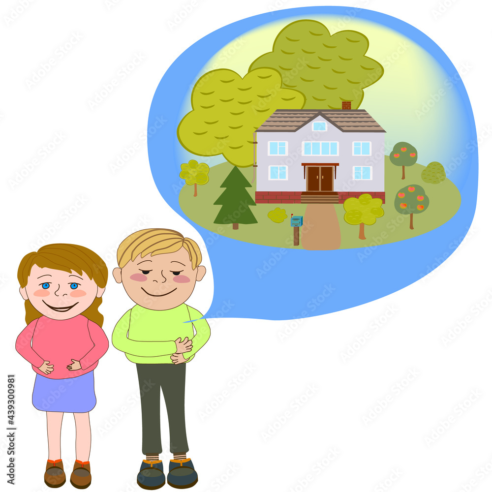 A married couple dreams of a two-story cottage. A man and a woman dream of moving into their own home. Vector illustration isolated on white background.