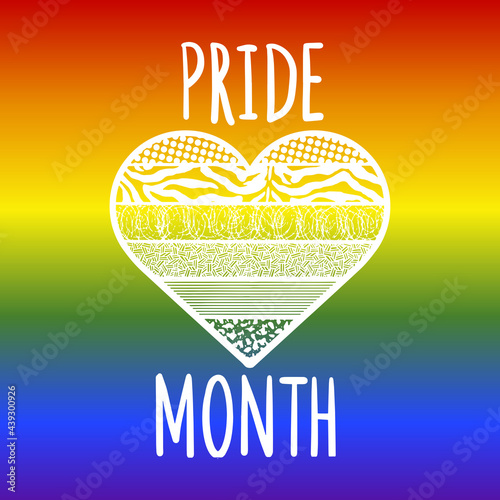 Pride month logo with rainbow gradient color flag. Pride symbol with heart, LGBT, sexual minorities, gays and lesbians line art sketch engraving vector illustration.