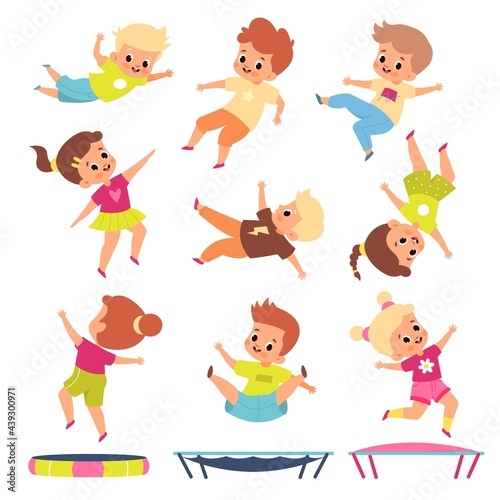 Children jumping on trampolines. Cartoon boys and girls in different flying poses. Kids bounce and play. Childish fitness. Young people doing gymnastics exercises. Vector active games