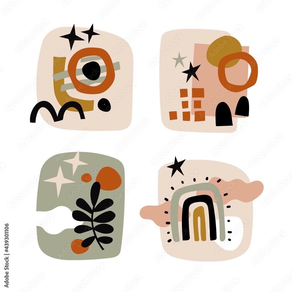 Fototapeta premium Modern collages set. Various doodle shapes abstract objects, natural colors botanical elements, trendy geometric forms leaves, flowers and rainbow. Contemporary vector scribbles primitive style