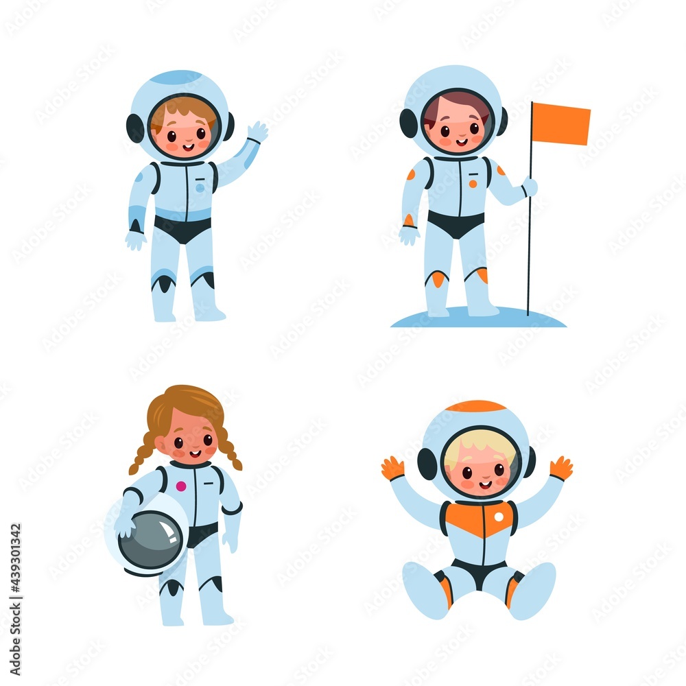 Kids astronauts. Cartoon boys and girls in spacesuits. Children explore space. Cute characters with greeting gestures. Happy young people holding flag and helmet. Vector cosmonauts set Kids astronauts. Cartoon boys and girls in spacesuits. Children explore space. Cute characters with greeting gestures. Happy young people holding flag and helmet. Vector cosmonauts set