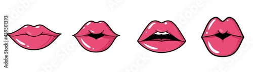 Playful lips. Cartoon female mouth. Face parts expressions. Pink makeup. Sensual kiss. Isolated woman smiles set. Beauty lipstick. Cosmetics logo template. Vector glamour stickers