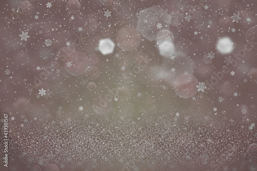 pretty sparkling glitter lights defocused bokeh abstract background and falling snow flakes fly, celebratory mockup texture with blank space for your content