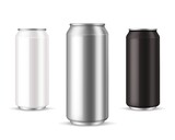 Cans metallic. Realistic aluminum can collection. White silver and black blank packaging template for cold drink, soda 500 ml containers. Marketing branding mockup vector isolated set