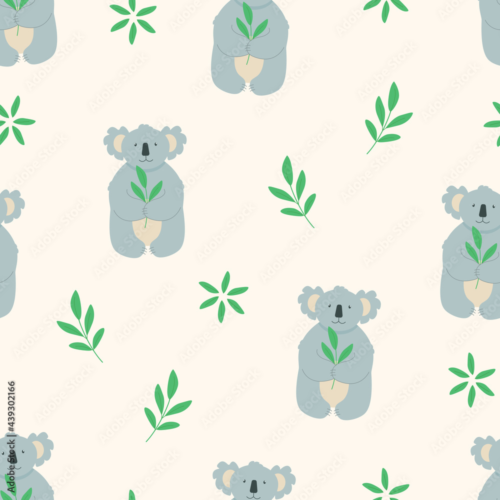 Fototapeta premium Seamless Pattern Cute cartoon character koala with a sprig of green eucalyptus leaves. Vector illustration.