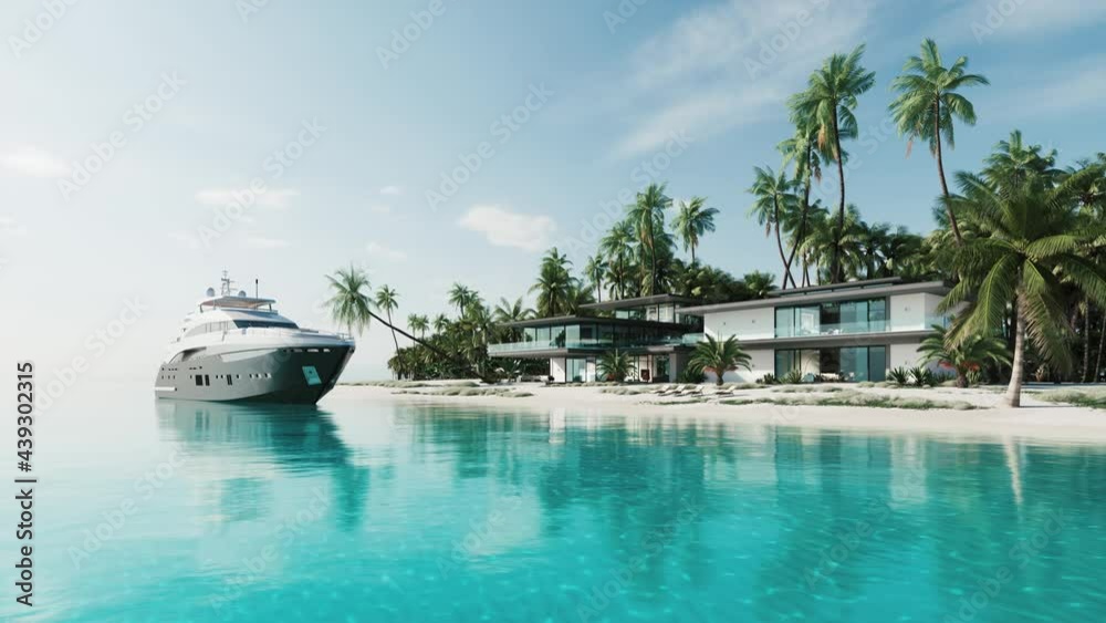 Luxurious villa with palm trees and yacht. Private house on the island. Luxury yacht on the island background with villa. 3d visualization