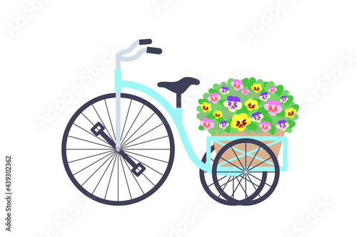 パンジーの鉢植えを運ぶ配達用三輪車のイラスト