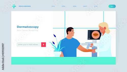 Dermatoscopy. Skin Cancer Screening. Medical Equipment. Medical Specialist Screening Patient on Birthmarks in Laboratory. Modern Flat Vector Illustration. Website Banner. Landing Page Design Template.