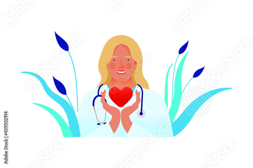 Young Female Medical Specialist Hold Red Heart on Abstract Background. Cardiology Concept. Modern Flat Vector Illustration. 