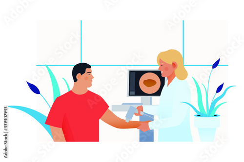 Dermatoscopy. Skin Cancer Screening. Medical Equipment. Medical Specialist Screening Male Patient on Birthmarks in Laboratory. Modern Flat Vector Illustration.