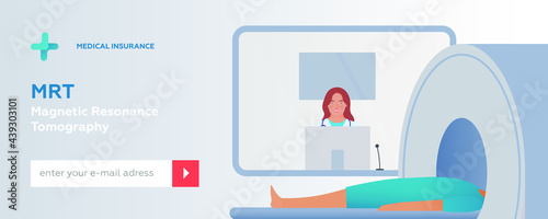 Magnetic Resonance Tomography. MRI Procedure. Patient in the Scanner, Female Medical Specialist in Laboratory. Medical Equipment. Modern Flat Vector Illustration. Web Banner. Social Media Template.
