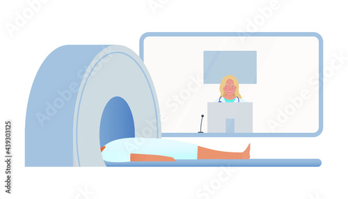 Magnetic Resonance Tomography. MRI procedure. Patient in the Scanner, Female Medical Specialist in Laboratory. Medical Equipment. Modern Flat Vector Concept Illustration. 
