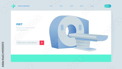 Magnetic Resonance Tomography. MRI procedure. Scanner. Medical Equipment. Modern Flat Vector Concept Illustration. Landing Page Design Template. Website Banner.