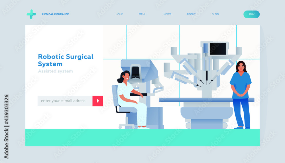 Robotic Surgical Assisted System. Medical Equipment. Female Medical Specialist and Nurse in Laboratory. Modern Flat Vector Illustration. Landing Page Design Template. Website Banner.