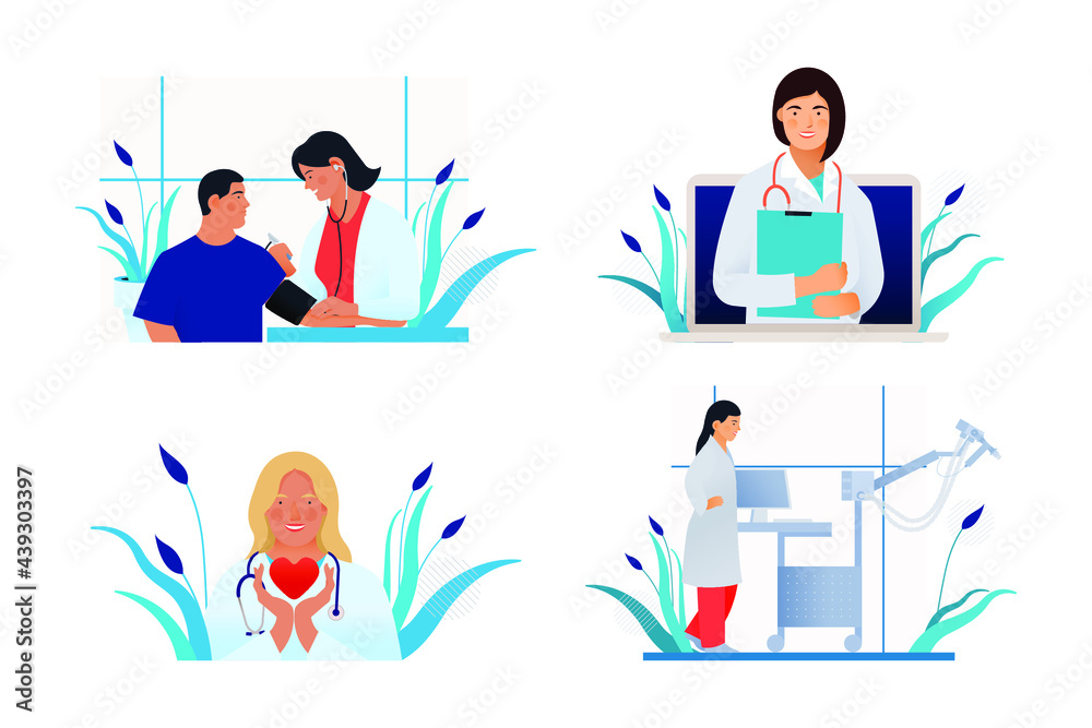 Set of Modern Flat Medical Insurance Illustrations. Blood Pressure Procedure, Medical Specialist Hold Red Heart, Spirometry, Plethysmography Equipment in Medical Office, Medical Appointment.