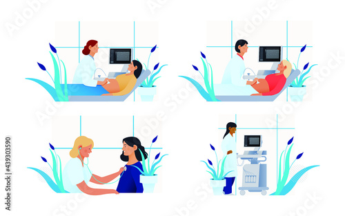 Set of Modern Flat Medical Insurance Illustrations. Ultrasonography Procedure, Cardiac Auscultation, Spirometry, Plethysmography Equipment in Medical Office.