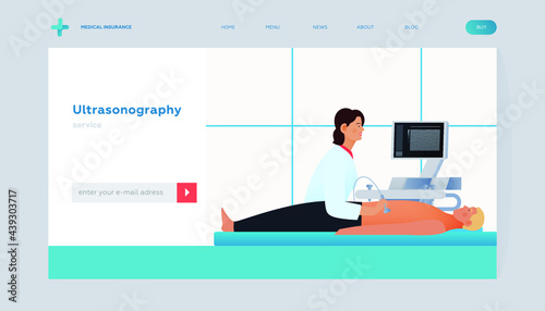 Ultrasonography Procedure. Doctor Examing Male Patient with Scanner in Medical Office or Laboratory. Modern Flat Vector Concept Illustration.  Landing Page Design Template. Website Banner.