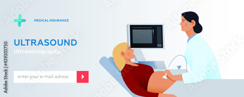 Ultrasonography Procedure. Doctor Examing Patient Pregnant Woman with Scanner in Medical Office or Laboratory. Modern Flat Vector Concept Illustration. Website Banner. Social Media Template.