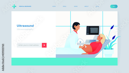 Ultrasonography Procedure. Doctor Examing Patient Pregnant Woman with Scanner in Medical Office or Laboratory. Modern Flat Vector Concept Illustration. Landing Page Design Template. Website Banner.