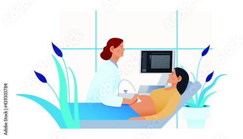 Ultrasonography Procedure. Doctor Examing Patient Pregnant Woman with Scanner in Medical Office or Laboratory. Modern Flat Vector Concept Illustration. 