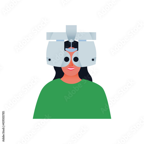 Ophthalmology. Eye Test and Prescription Glasses. Female Has Eye Test Use Optometry Machine in Medical Office. Modern Flat Vector Illustration. Social Media Template.