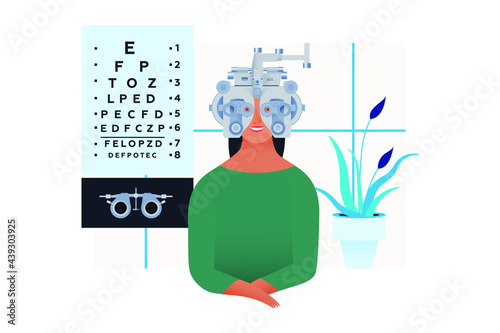 Ophthalmology. Eye Test and Prescription Glasses. Female Patient with Phoropter in Medical Office. Modern Flat Vector Illustration. Social Media Template.