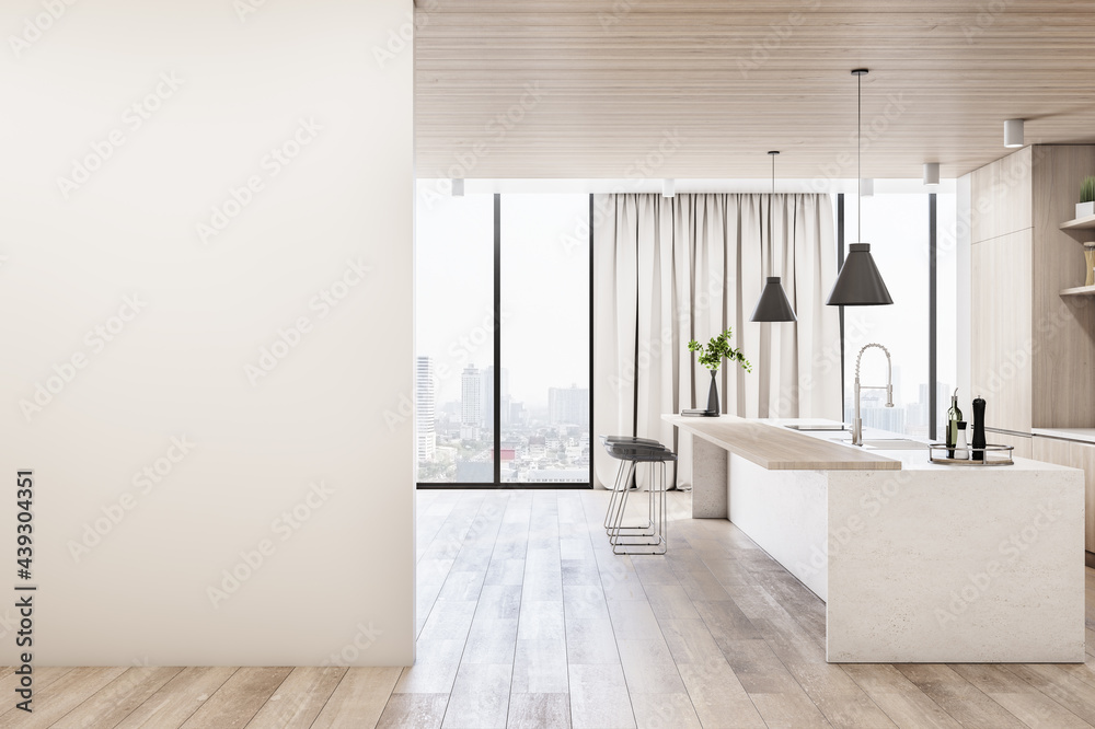 Modern wood and concrete kitchen interior with empty mock up place on wall, island, appliances and window with city view and daylight. 3D Rendering. - obrazy, fototapety, plakaty 