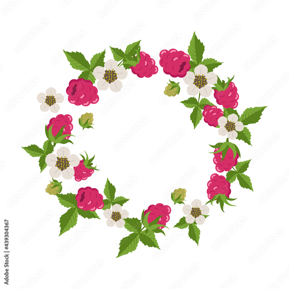 Frame with raspberries, leaves and white flowers on a white background. Round wreath with berries. Bright fruit summer pattern