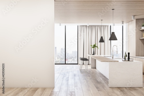 Modern wood and concrete kitchen interior with empty mock up place on wall, island, appliances and window with city view and daylight. 3D Rendering. photo