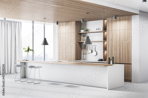 Fototapeta Naklejka Na Ścianę i Meble -  Wood and concrete kitchen interior with island, appliances and window with city view and daylight. 3D Rendering.