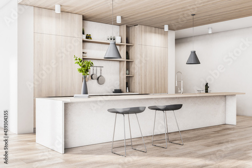 Fototapeta Naklejka Na Ścianę i Meble -  Modern wood and concrete kitchen interior with island, appliances and daylight. 3D Rendering.
