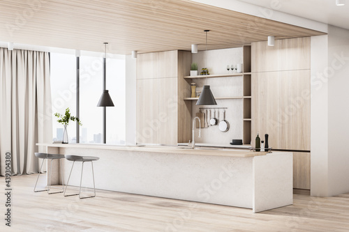 Fototapeta Naklejka Na Ścianę i Meble -  Luxury wood and concrete kitchen interior with island, appliances and daylight. 3D Rendering.
