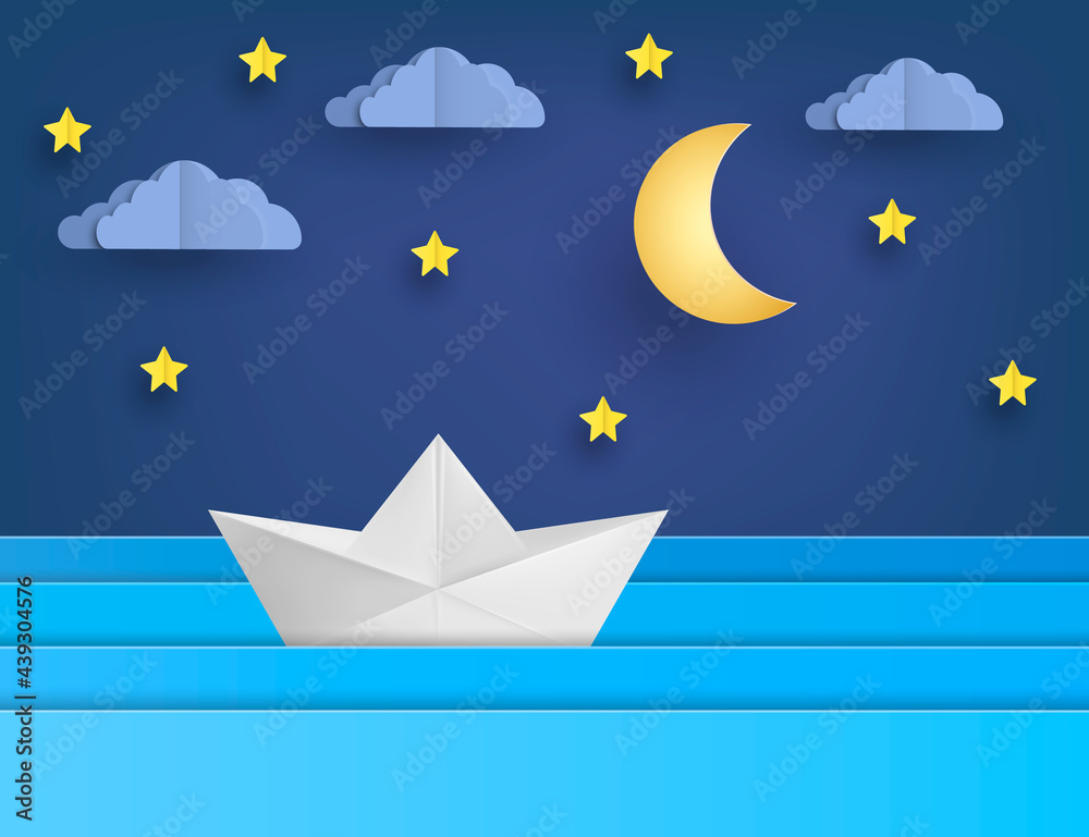 Obraz premium Origami boat sailing in blue ocean , paper art style. Vector illustration.