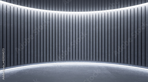 Fototapeta Naklejka Na Ścianę i Meble -  Stylish hall space with slatted illuminated wall and blank floor for car presentation. 3D rendering, mockup