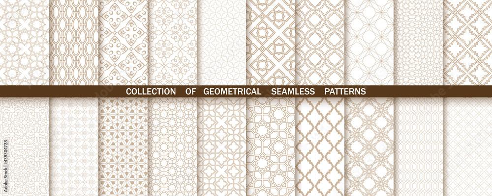 Geometric collection of beige and white patterns. Seamless vector backgrounds. Simple graphics - obrazy, fototapety, plakaty 