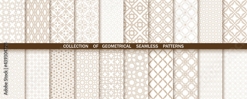 Geometric collection of beige and white patterns. Seamless vector backgrounds. Simple graphics